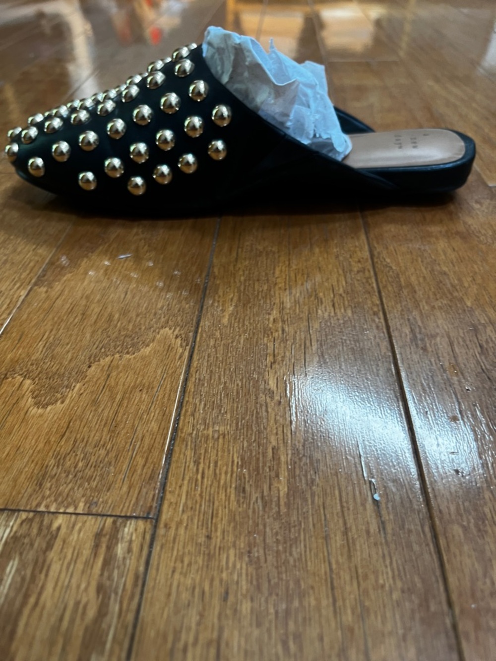 Studded Black Slip-On Mules with Gold Accents - Picture 9 of 13